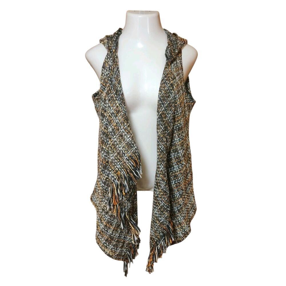 Hyfve Cardigan Sz Large Brown Hooded Pockets Open Front Knit Fringe Autumn Wear